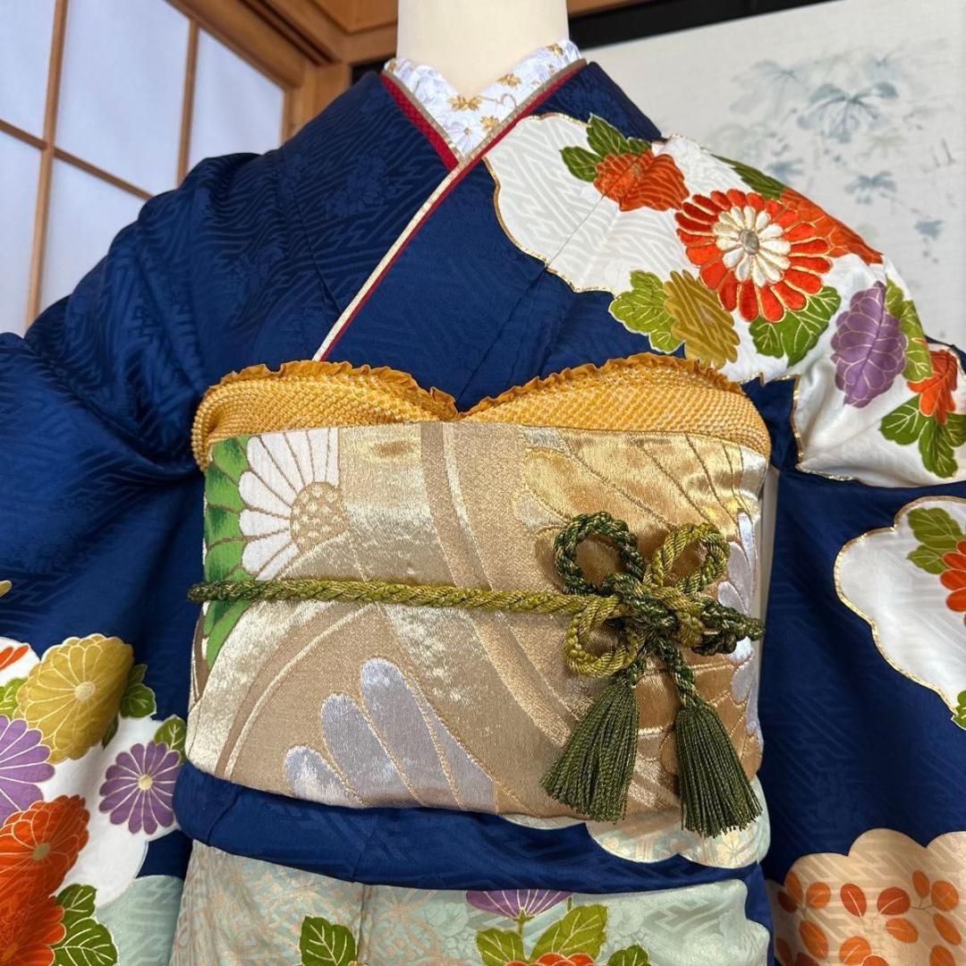 大正ロマンレトロ可愛い紺地×金駒刺繍♡振袖フルセット セミアンティーク 成人式