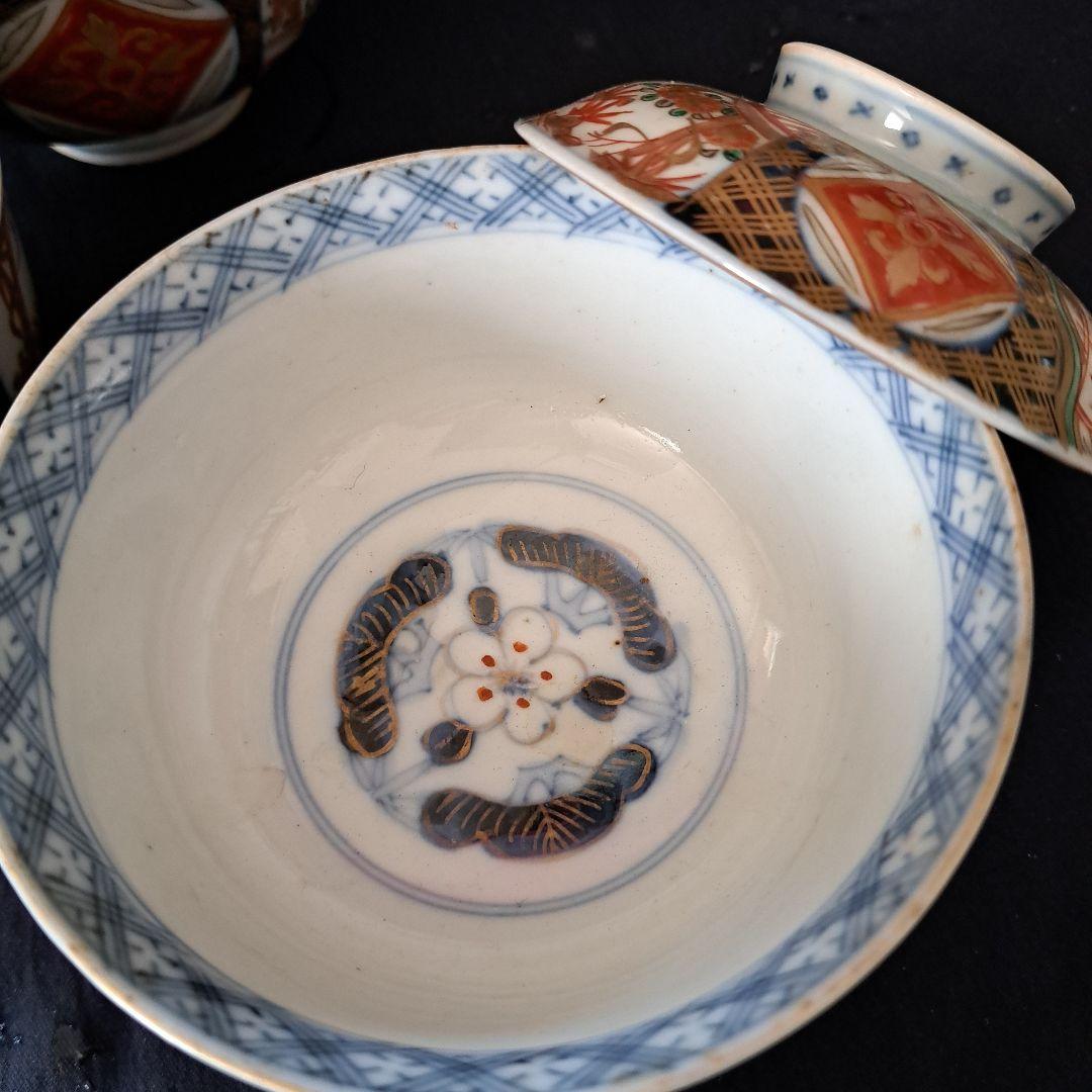 「蓋茶碗の色絵とフォルムを楽しむ！」 古伊万里茶碗(直径11.5cm)3客セット