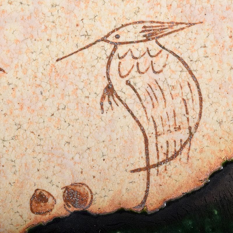 北大路魯山人作　織部焼　鳥絵　長四方皿　狙板　共布　極め箱　D　R7695B