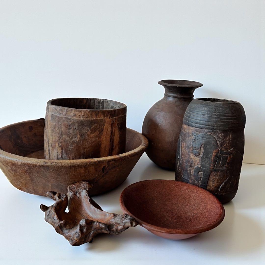 【民藝・プリミティブ】古木 くり抜き 木鉢 木桶 原木　花器含む 6点セット