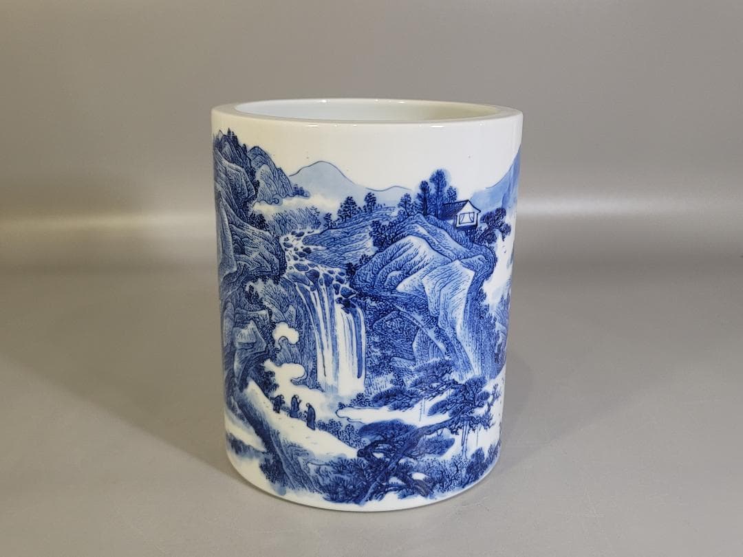 中国 染付 山水画 筆筒 光緒年製 書 文房具