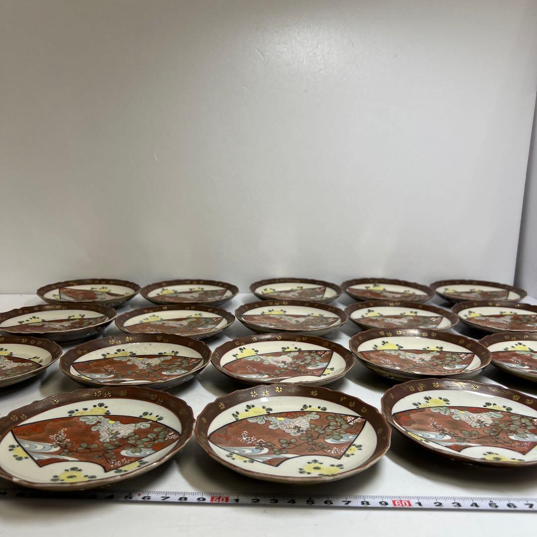 九谷焼　扇面画小皿　20枚　木箱付　直径12.5㎝　タトチ　東さ8-0124①