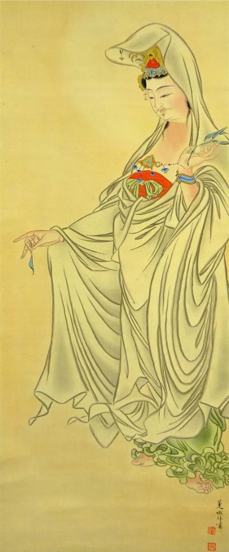 掛軸 箑城『白衣観世音立像図』仏画 絹本 肉筆 無地箱付 掛け軸 a11155