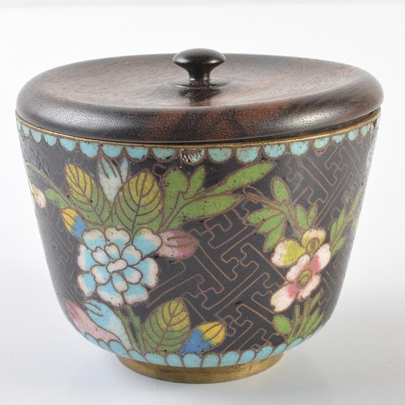 中国　古七宝琺瑯彩　花文　煎茶碗　黒柿蓋　時代箱　C　R6444