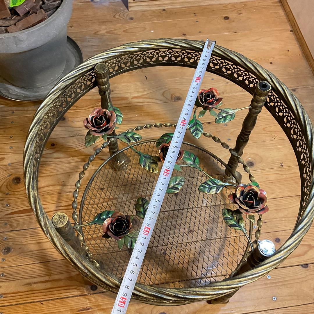 美品！薔薇 サイドテーブル 丸 ガラス バラ キャスター付 アンティーク調