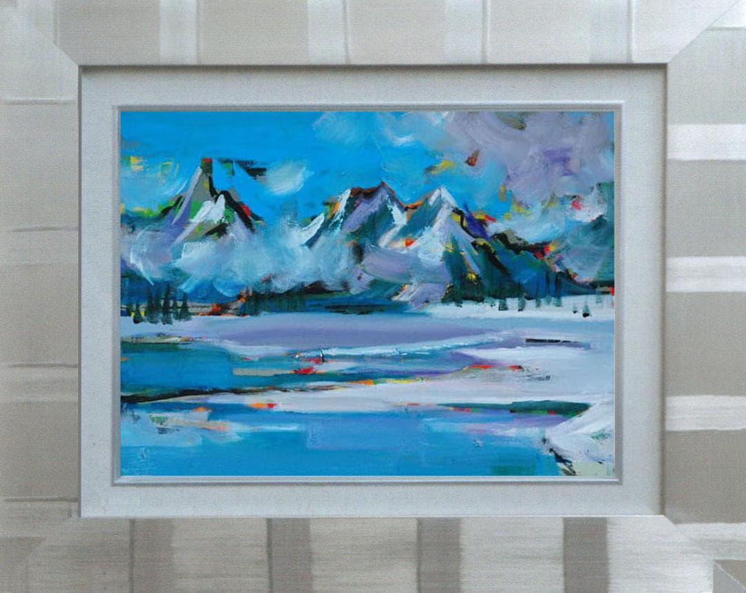 油絵 菅家令子 絵 絵画インテリア額付(青緑＋金色の枠)uF6-062903風景