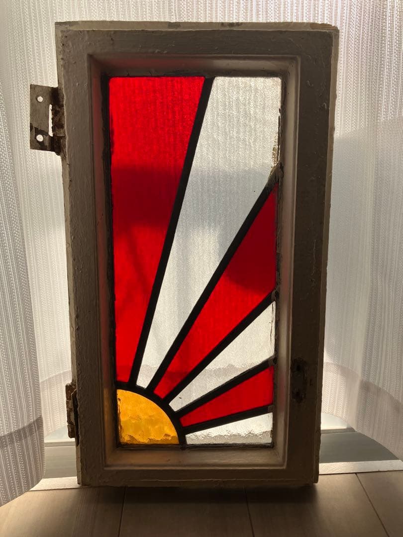 アンティーク　ステンドグラス　イギリス　木製窓枠付き　ステンドグラスパネル