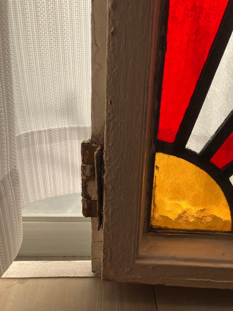 アンティーク　ステンドグラス　イギリス　木製窓枠付き　ステンドグラスパネル