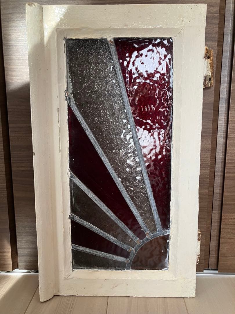 アンティーク　ステンドグラス　イギリス　木製窓枠付き　ステンドグラスパネル