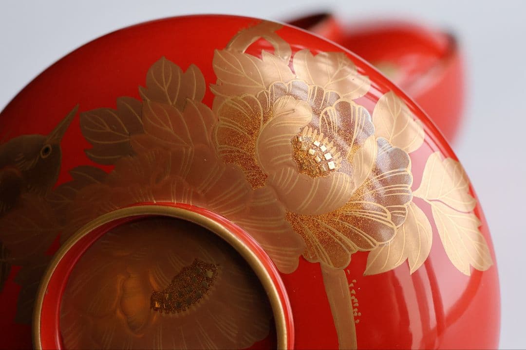 【MB178】輪島塗 花鳥金蒔絵 朱塗椀 二客 煮物椀 天然木漆塗 鶯牡丹 昭和