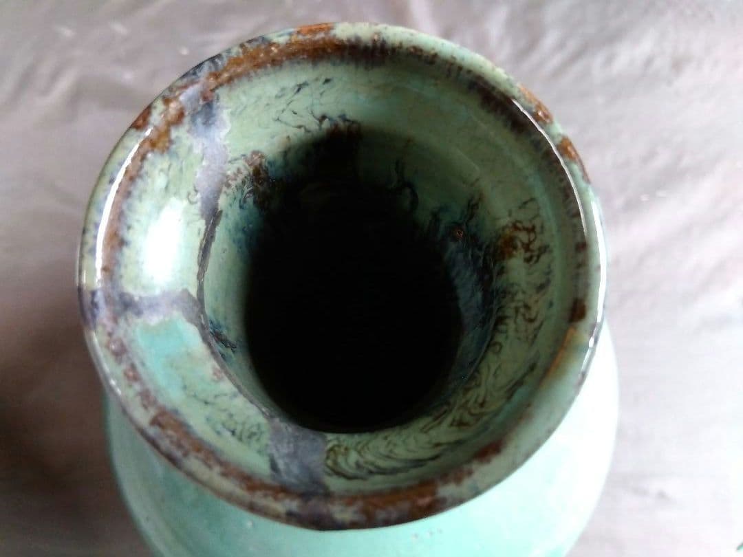 骨董　青緑色　細首　丸大壺