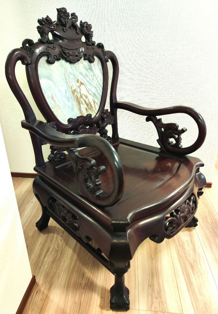 残り2脚　希少骨董　 大理石インレイ椅子　玉座　宮廷　紅木　紫檀　黒檀花梨李朝①