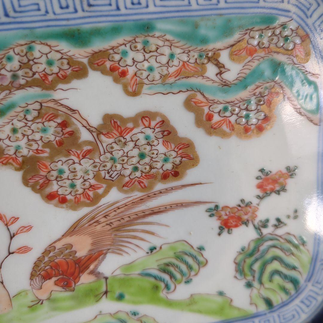 骨董 古伊万里 角皿 輪花 手描き 花鳥図 平鉢 大皿 陶器 飾り皿