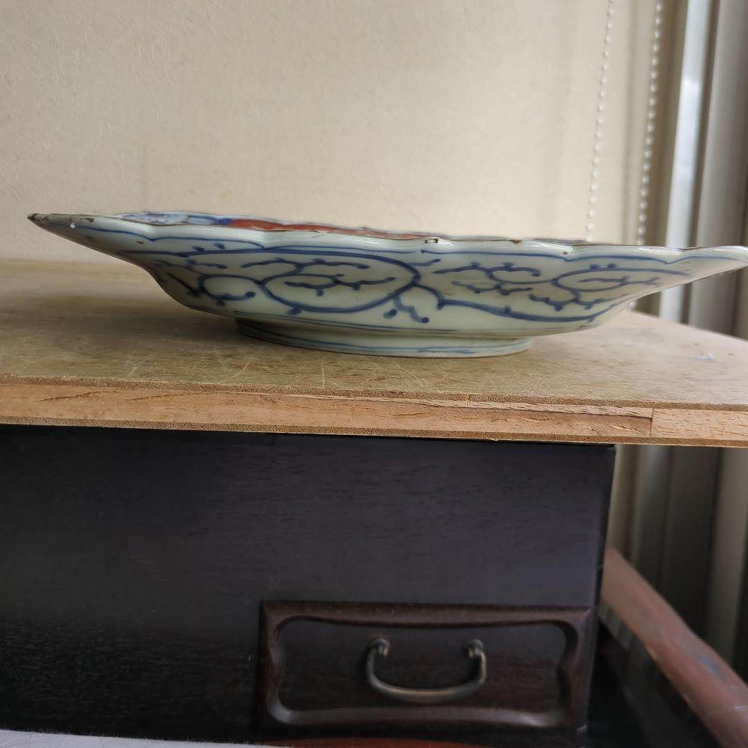 骨董 古伊万里 角皿 輪花 手描き 花鳥図 平鉢 大皿 陶器 飾り皿
