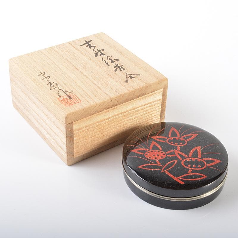 茶道具　山中塗　道場宗廣作　花蒔絵　銅覆輪　香合　共箱　V　R6446