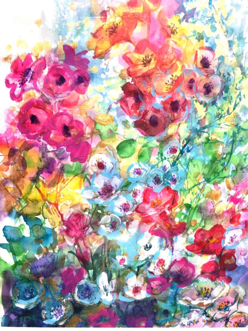 処分SALE！　春花のメロディー　水彩画　大きな絵