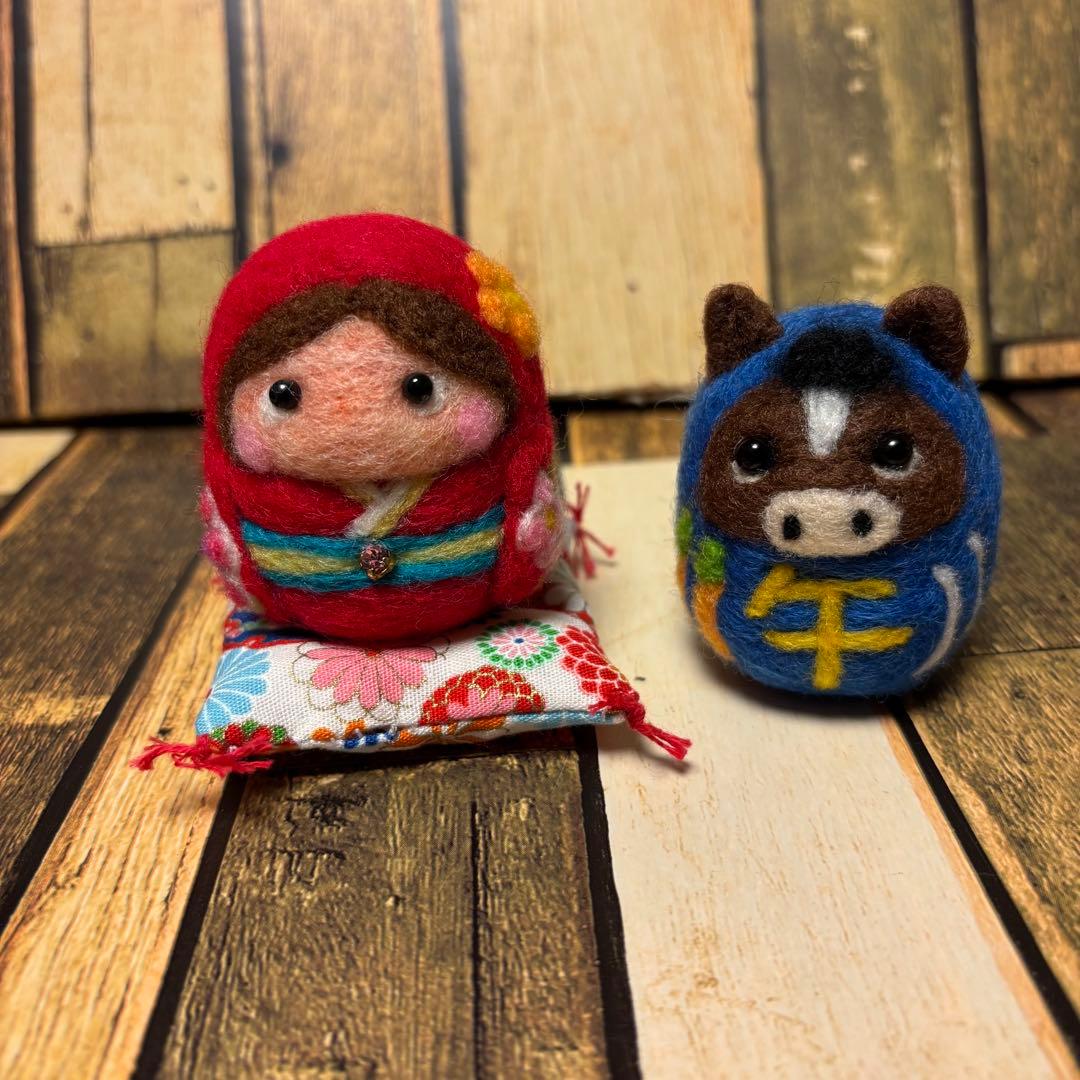 白馬赤だるま2点♡女の子だるま♡馬青だるま【羊毛フェルト・アクレーヌ】干支