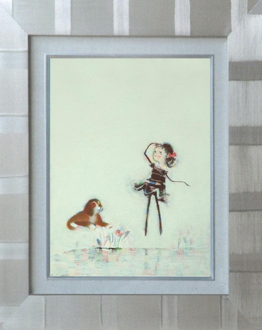 油絵 菅家令子 絵 絵画 インテリア額付(銀) F4-072319 子犬と女のこ