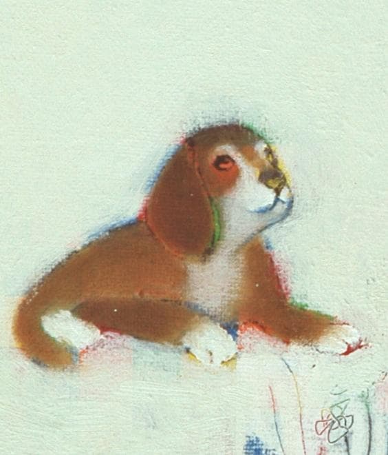 油絵 菅家令子 絵 絵画 インテリア額付(銀) F4-072319 子犬と女のこ