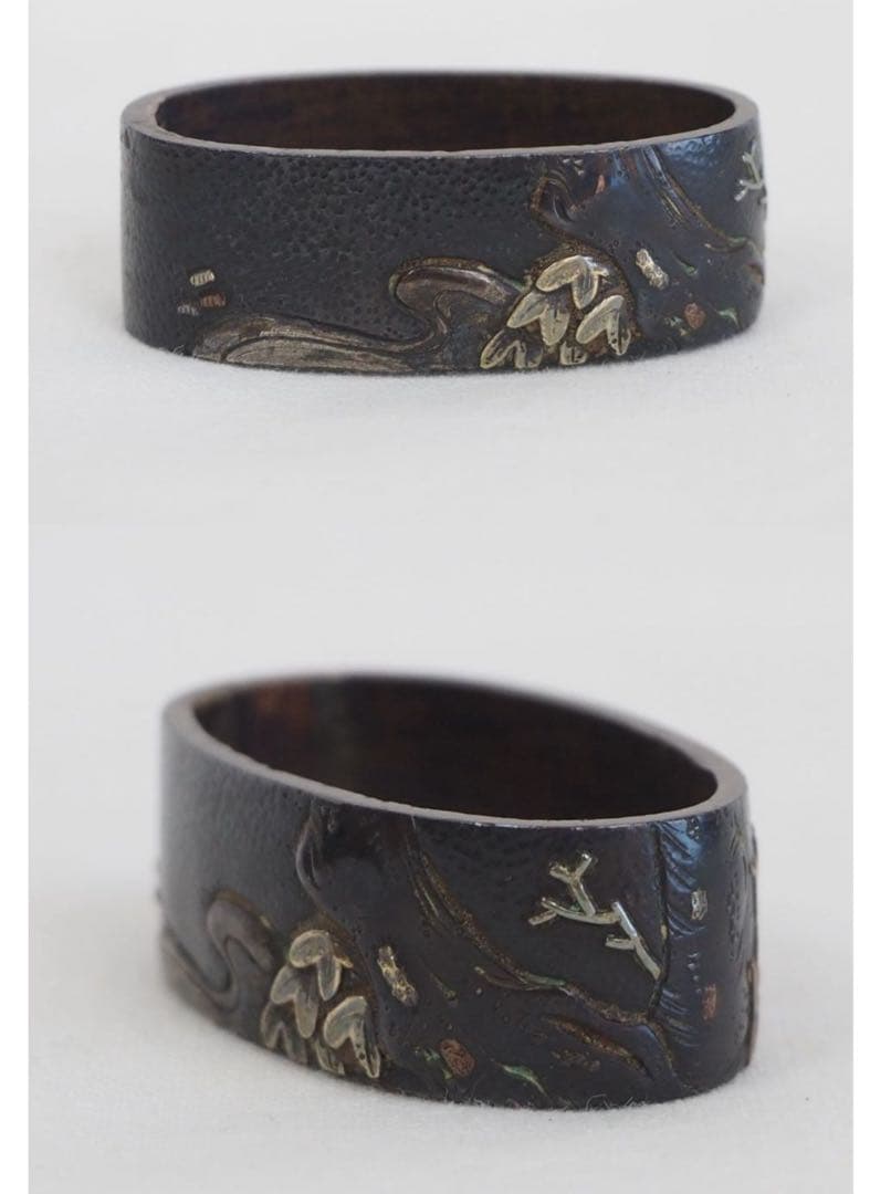 送料無料　江戸時代　金銀象嵌　縁頭　刀装具　木箱付　検/刀剣美術刀装具武具刀剣