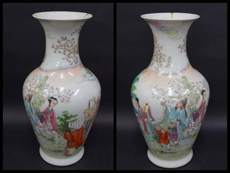 清時代 雍正年製在銘粉彩色絵『人物物語文』飾壺/ 花器 金継ぎ”あり