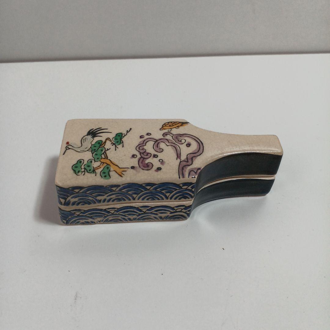 京焼色絵鶴亀文香合　陶器製 茶道具
