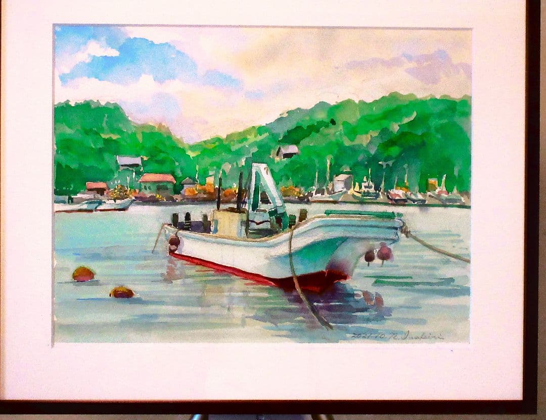 水彩画 金田漁港、額縁付き原画