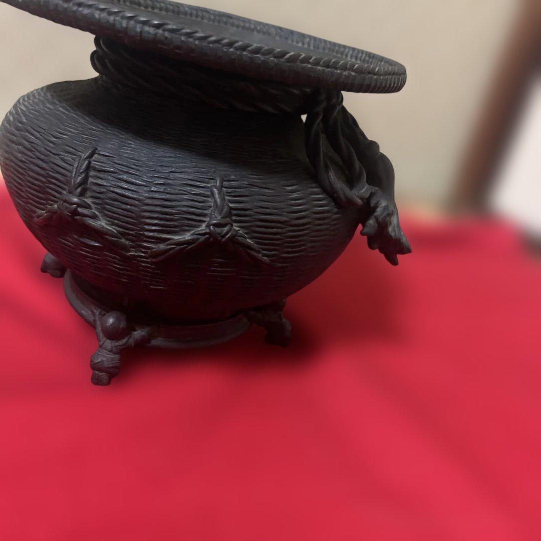 古美術　骨董品　茶道具　古銅花器　竹編紋　在銘　唐子足