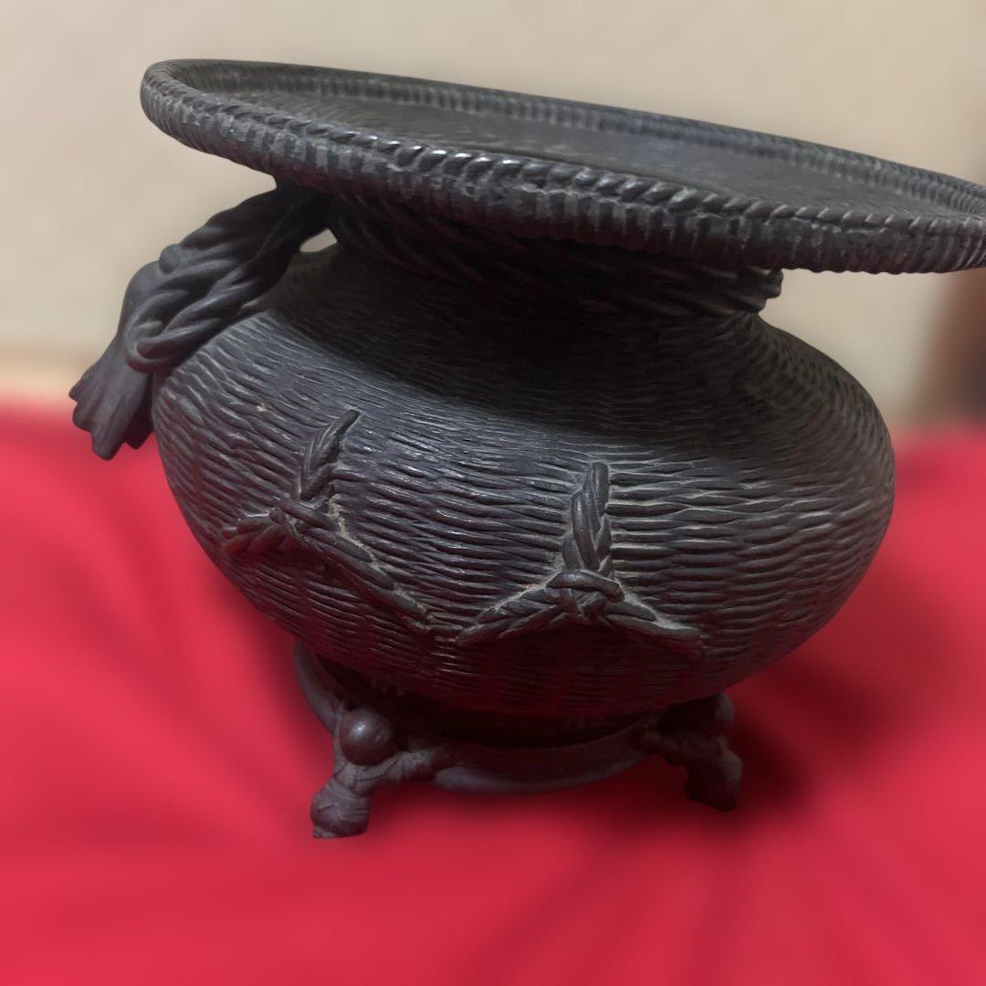 古美術　骨董品　茶道具　古銅花器　竹編紋　在銘　唐子足