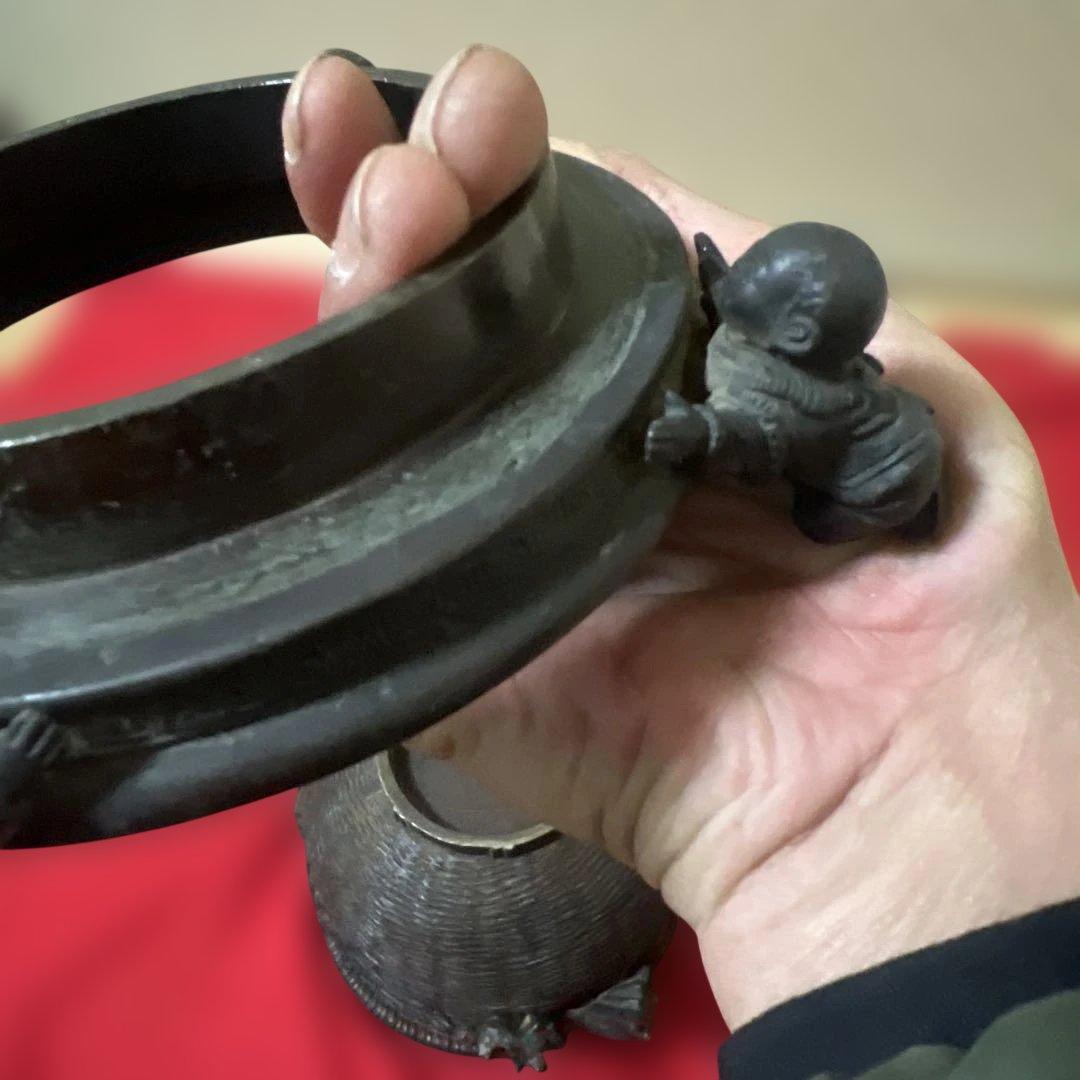 古美術　骨董品　茶道具　古銅花器　竹編紋　在銘　唐子足