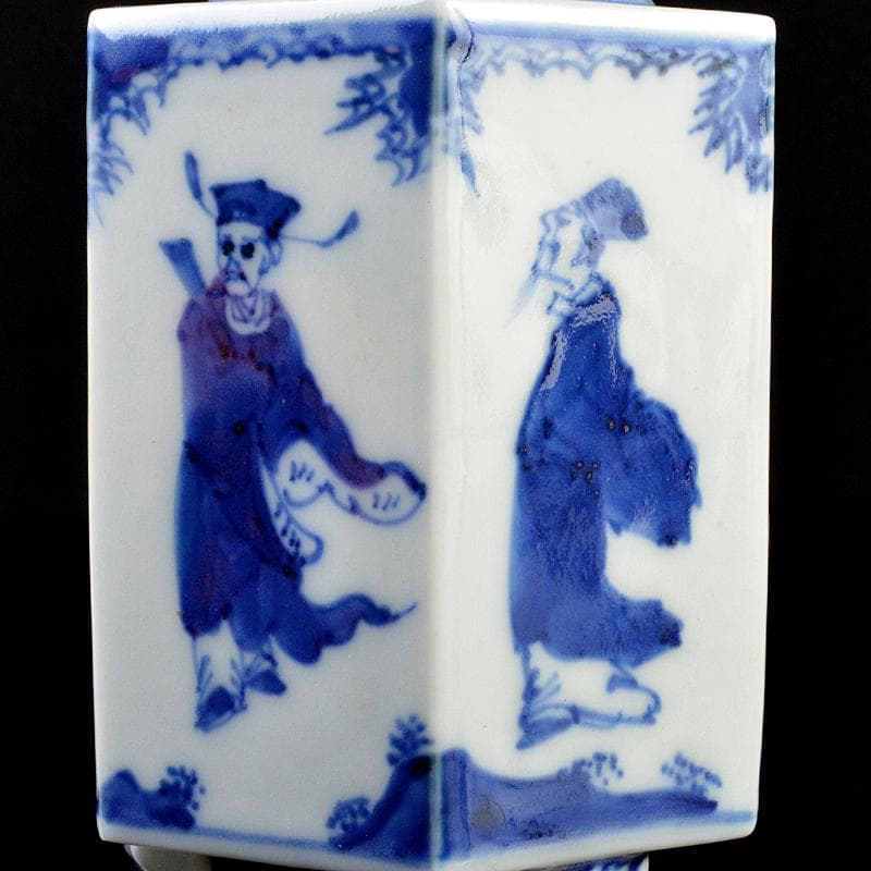 九谷焼　古九谷　染付　山水人物文　六角香炉　時代箱付　V　R5819