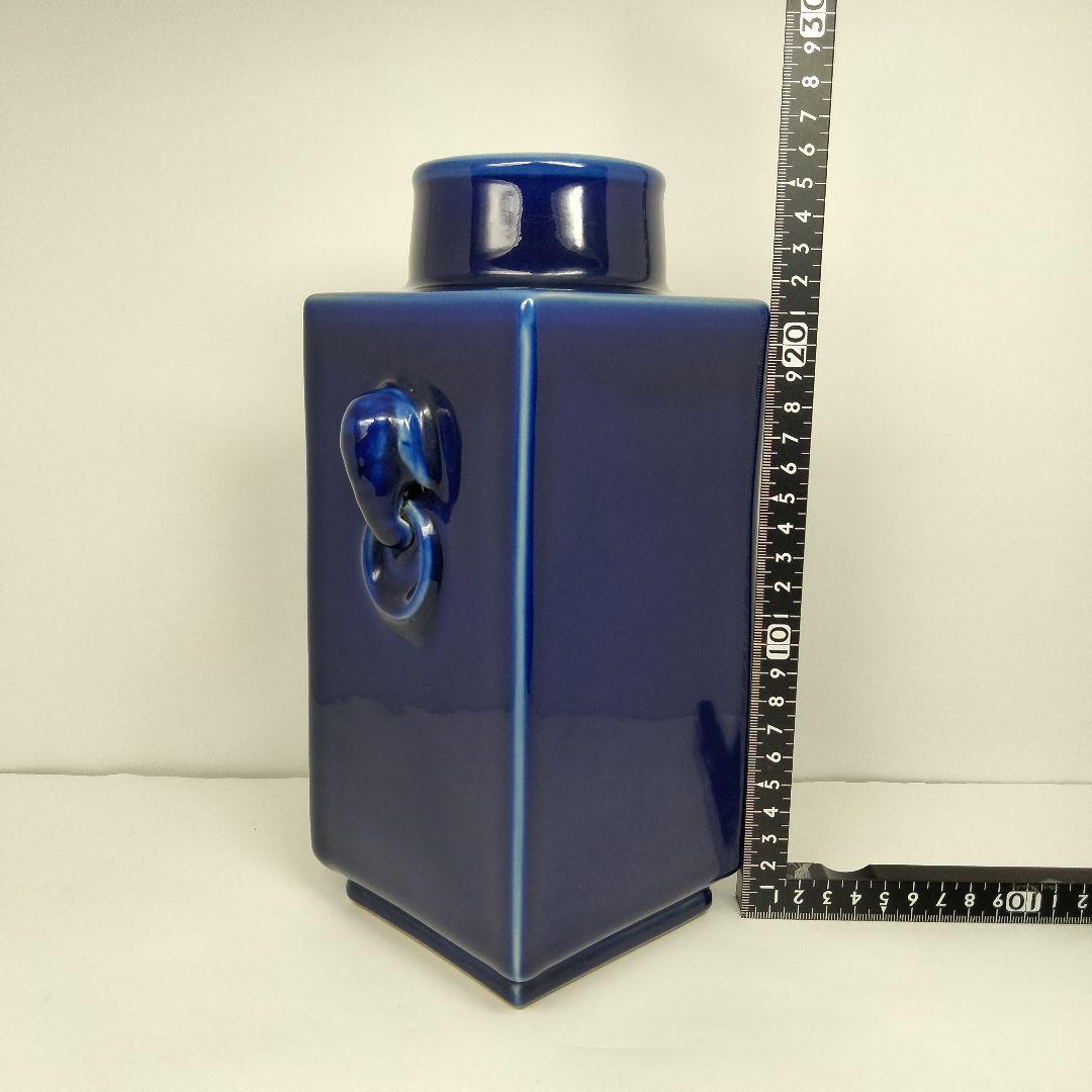 x130 中国 清代 藍釉 象耳方形瓶 角花瓶 高さ25.5cm