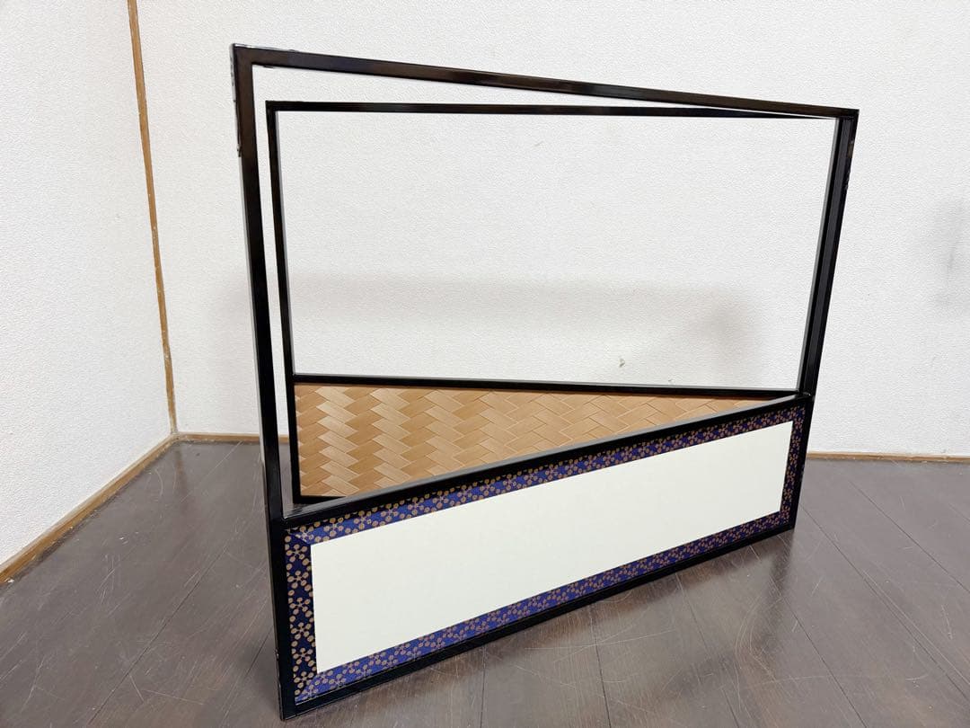 未使用 茶道具 黒塗縁 利休梅 風炉先屏風 裏杉格子網代 両面使い 炉風炉兼用