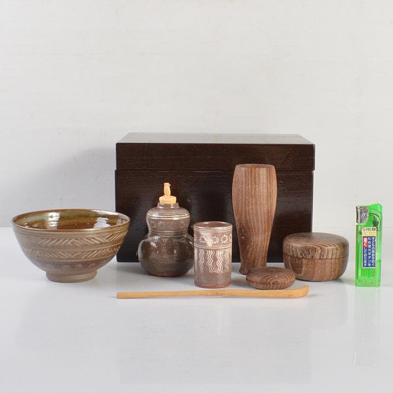 煎茶道具　茶箱　高取焼茶碗　振出など　七点　一式　C　R6791