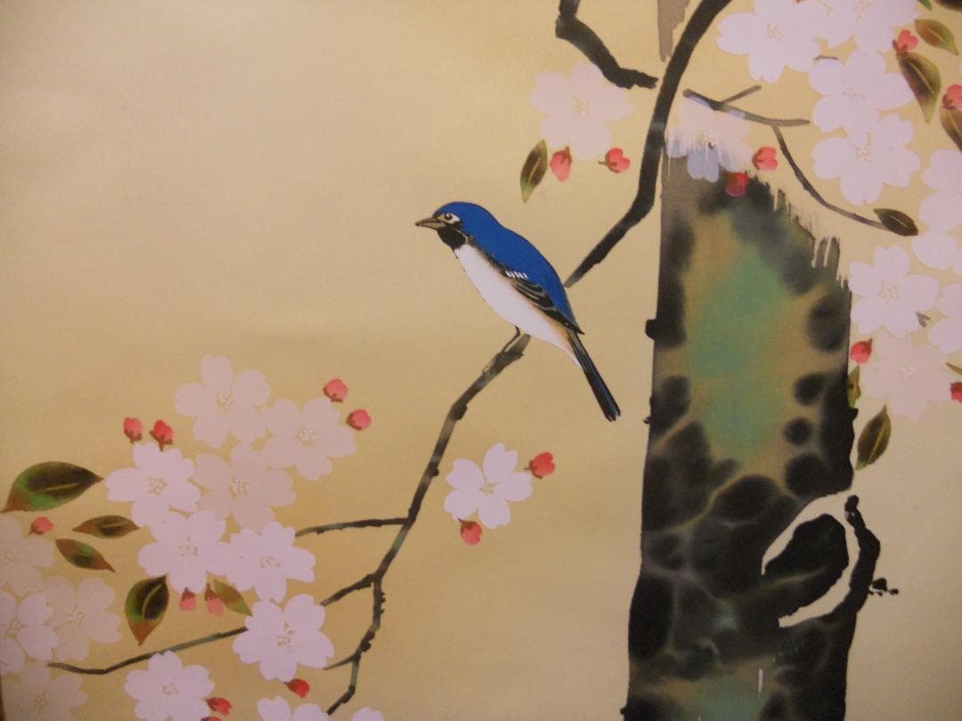 掛け軸 小川大鳳 桜に瑠璃鳥 絹本 希少 軸装 茶道具 掛軸 美品 です。