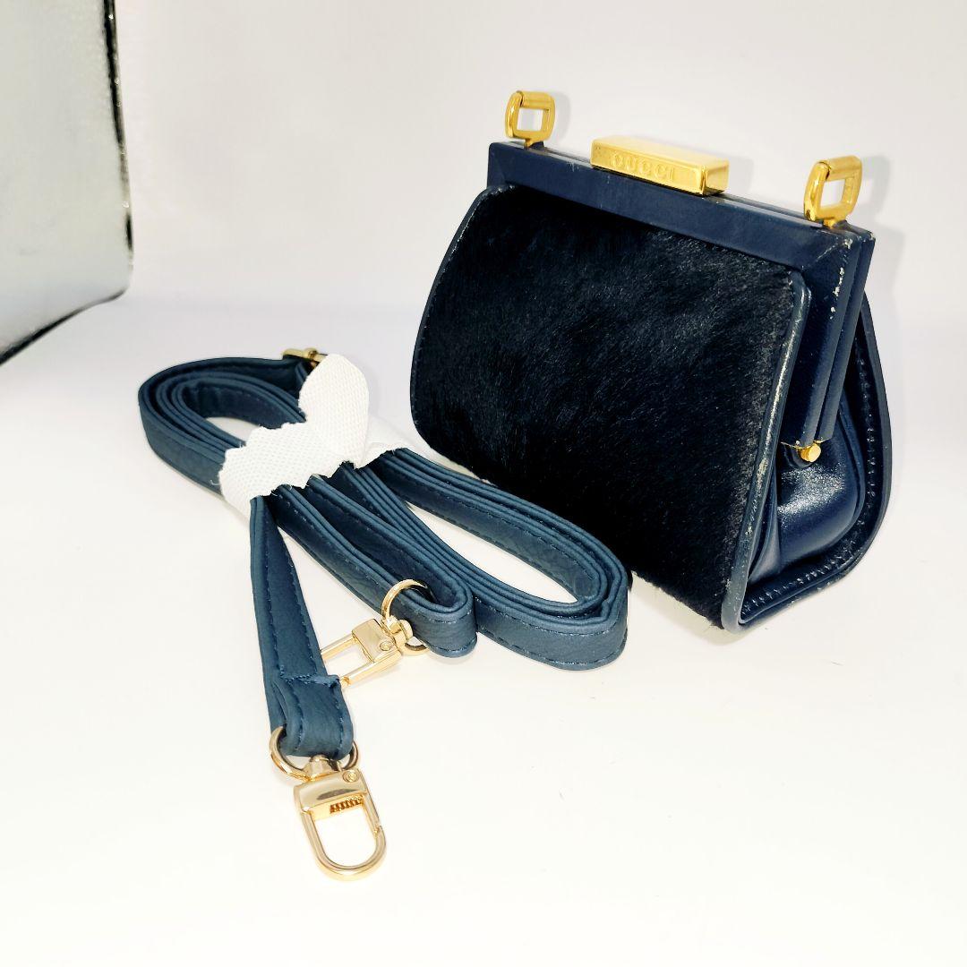 【希少　訳あり】GUCCI グッチ　ハラコ ミニ がま口　ポーチ　財布　ネイビー