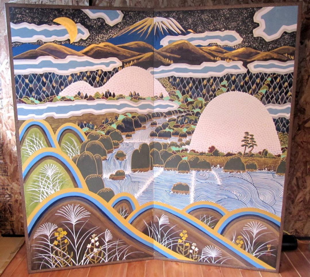 【屏風】岐阜県日本画 郷土画家・画人　後藤祥月・作/富士山と山々川/小振