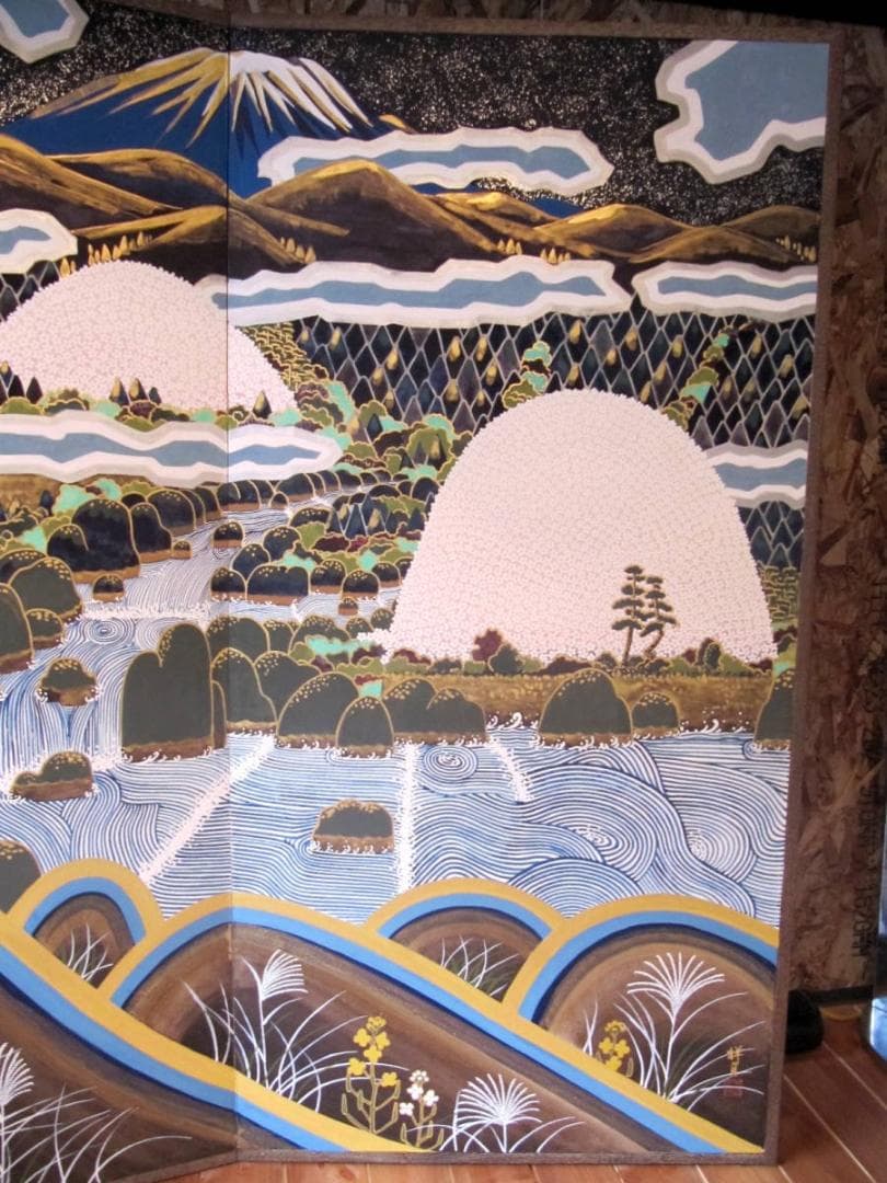 【屏風】岐阜県日本画 郷土画家・画人　後藤祥月・作/富士山と山々川/小振