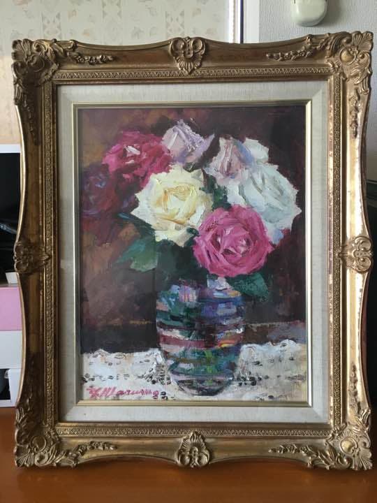 油絵 バラ 額付き