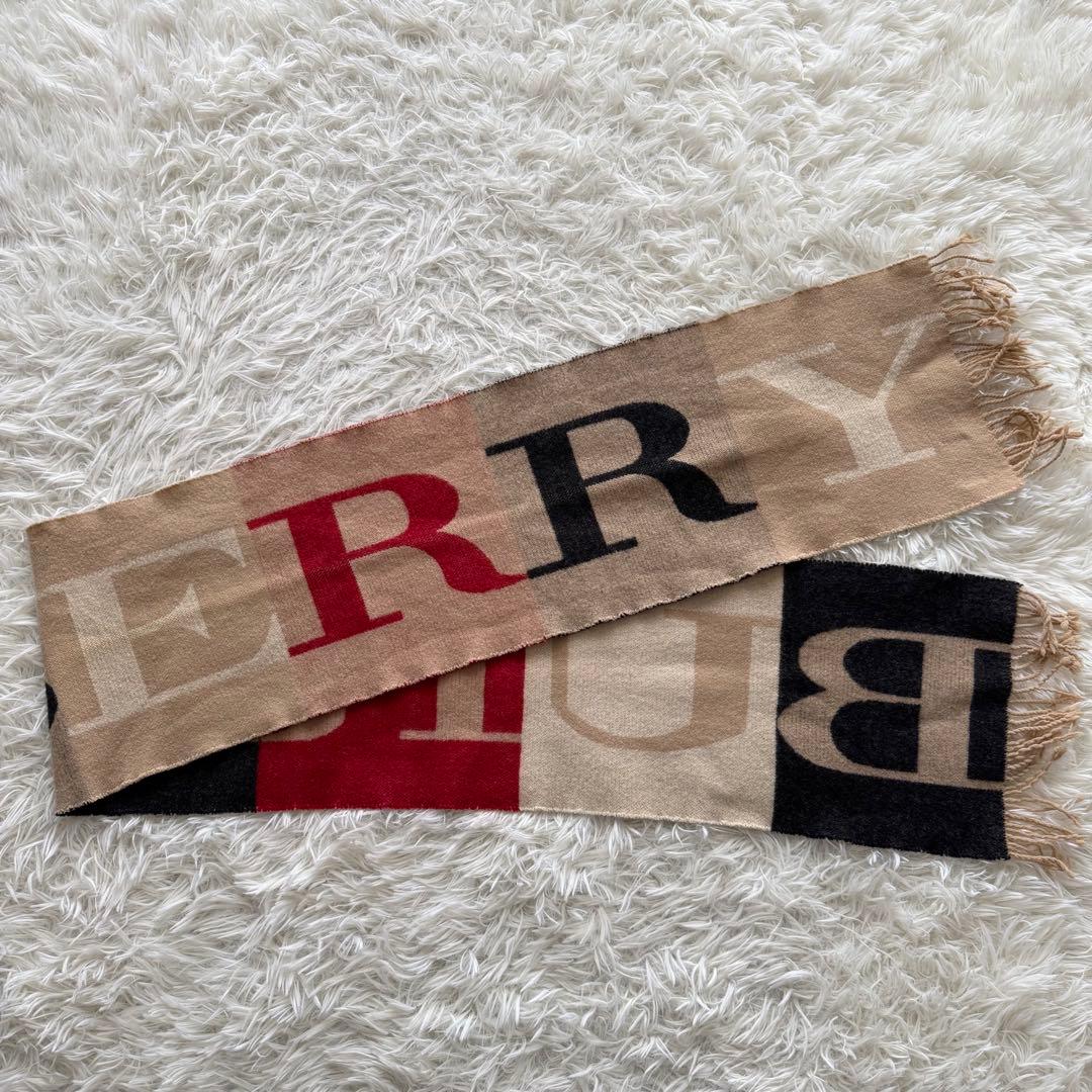 【バーバリーロンドン】マフラー ロゴ カシミヤ混 ベージュ