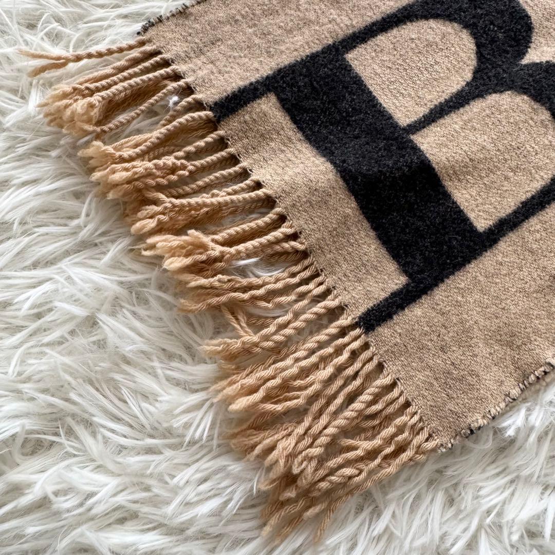 【バーバリーロンドン】マフラー ロゴ カシミヤ混 ベージュ