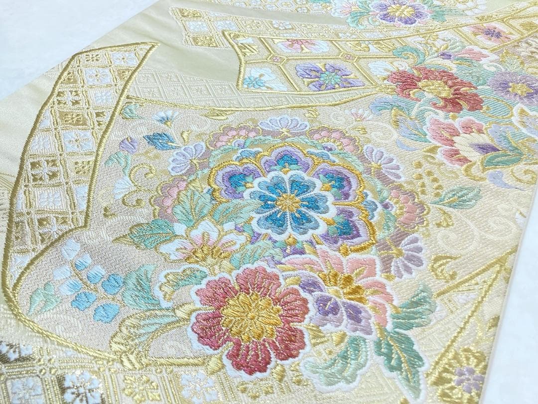 桂由美 やまと誂製 唐織 華紋 熨斗 袋帯 正絹 金 黄緑 白 紫 ピンク711