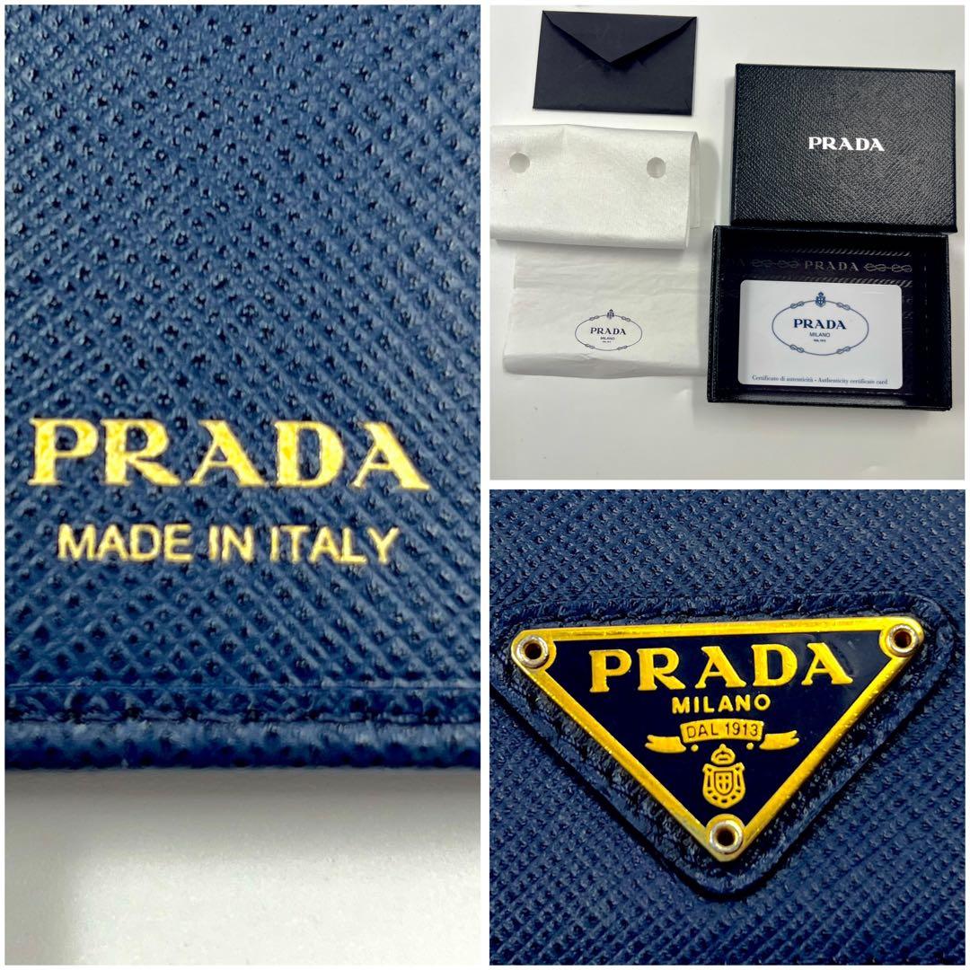【美品 付属品完備】プラダ キーケース 三角ロゴ サフィアーノレザー 6連 青色