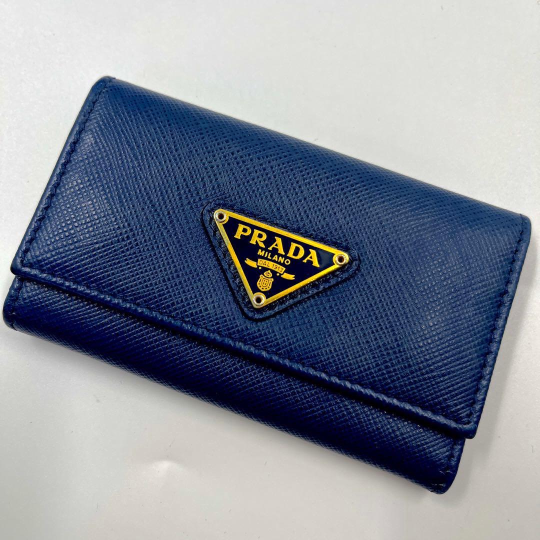 【美品 付属品完備】プラダ キーケース 三角ロゴ サフィアーノレザー 6連 青色