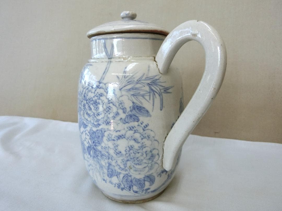 処分価30（金）22時まで【水注　水差　蓋付　白磁に染付花竹文　注ぎ口鳥型・DA