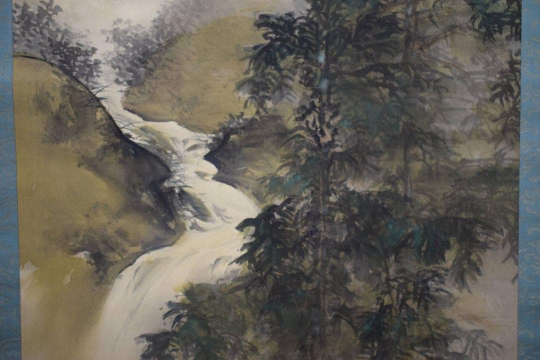 真作/奥谷秋石/春景山水図/桐共箱二重箱/布袋屋掛軸HF-792