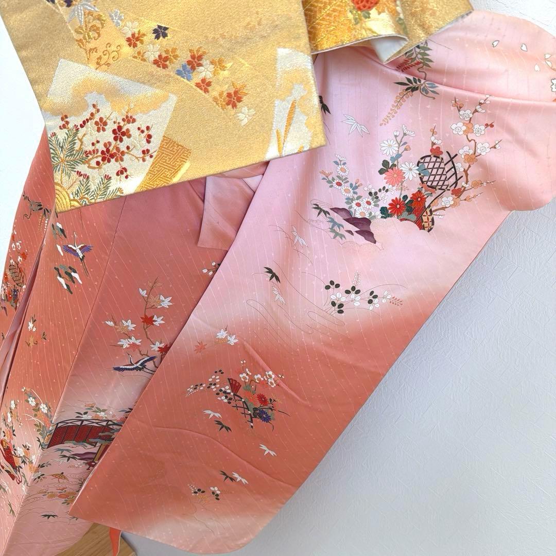 2 振袖フルセット 正絹 ピンク 桃 ピンクベージュ 金彩 暈し染め お上品
