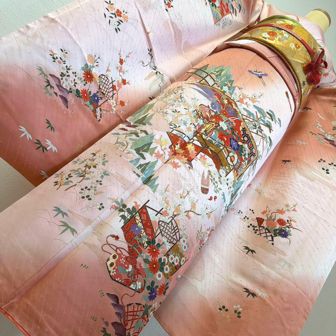 2 振袖フルセット 正絹 ピンク 桃 ピンクベージュ 金彩 暈し染め お上品