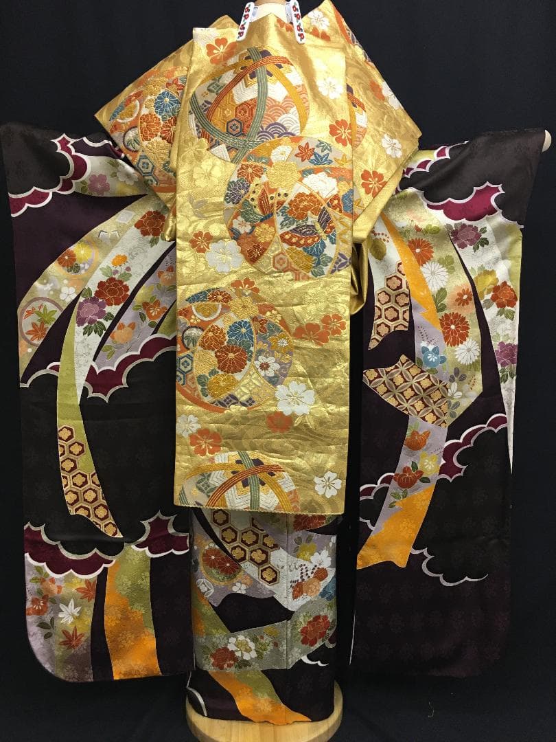 京友禅 深紫 熨斗柄雲取 振袖 毬柄佐賀錦袋帯フルセット