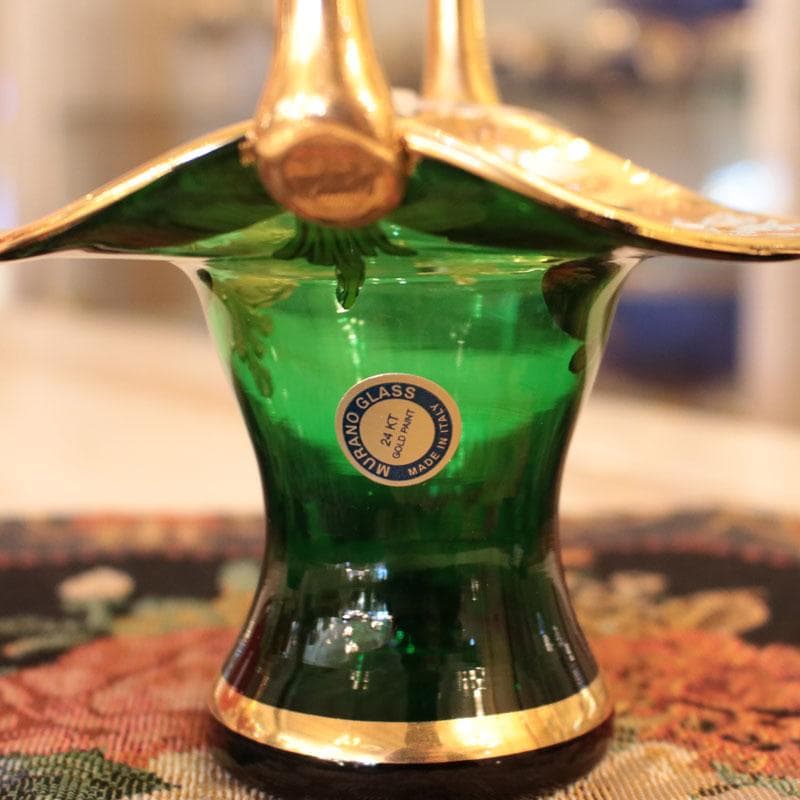 ムラーノガラス 金彩バスケット 24K装飾 イタリア製 緑 223-249